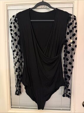 Black Polka Dot Mesh Sleeve Bodysuit - Women's Draped V-Neck